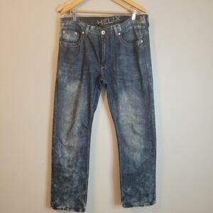 Helix Jeans Mens 36X32 Distressed Whiskered Embellished Back Pocket Straight Leg